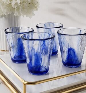 Bormioli Rocco Murano Cobalt Blue Swirl Glasses Tumblers Set of 4 Italy